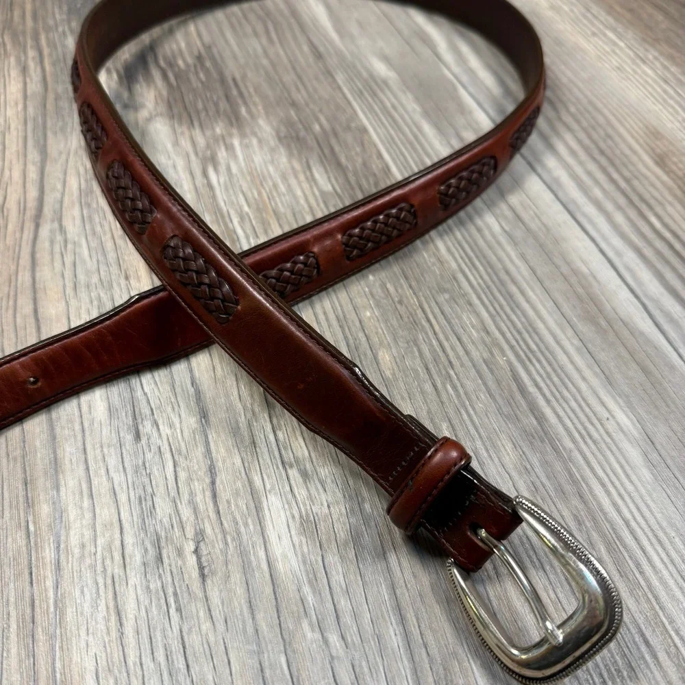 Brighton Brown Leather Woven Inset Americana Western Belt Silver Buckle‎ 42